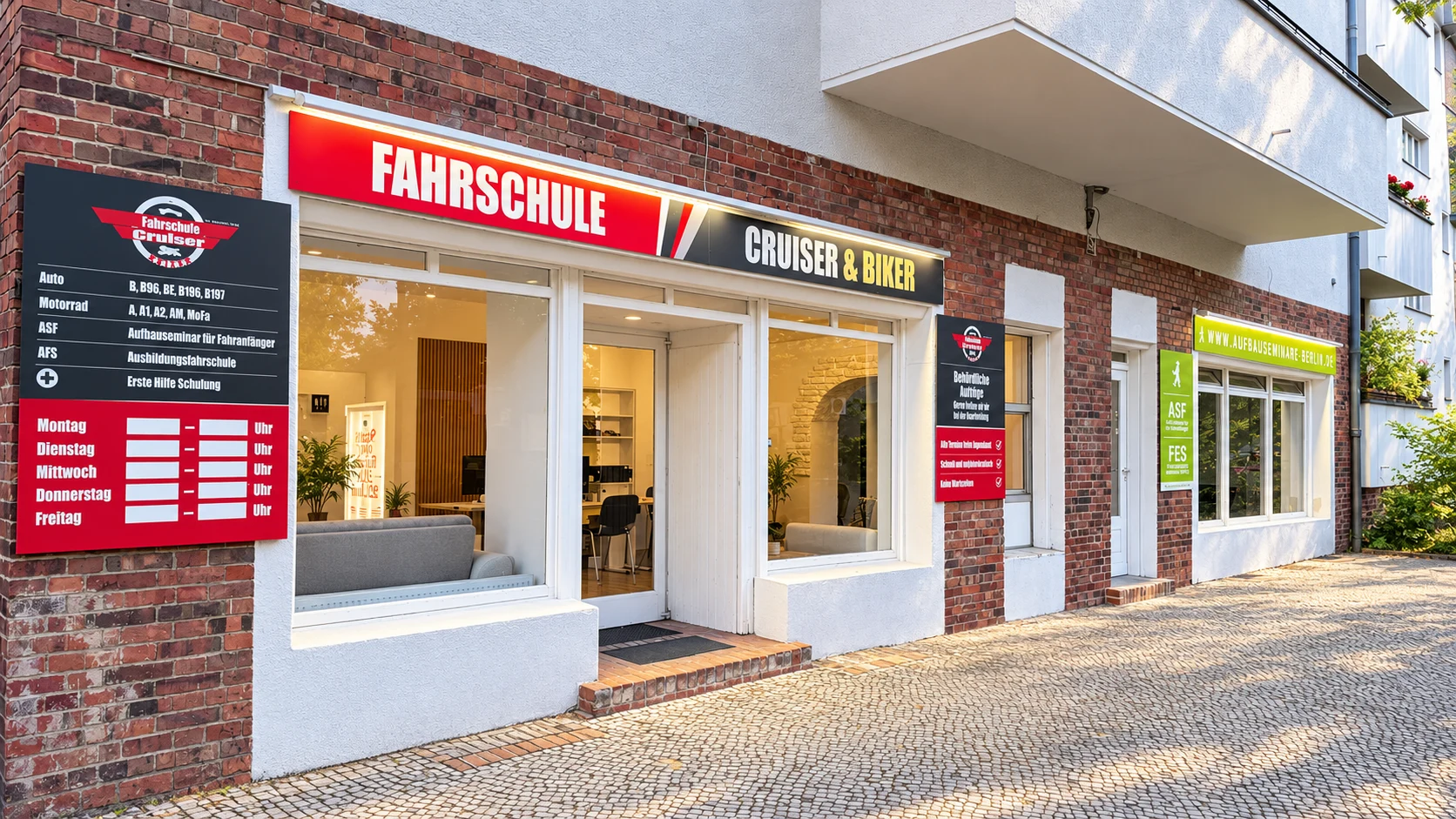 Gesamtansicht: Fahrschule Cruiser & Biker links und Aufbauseminare Berlin direkt daneben rechts